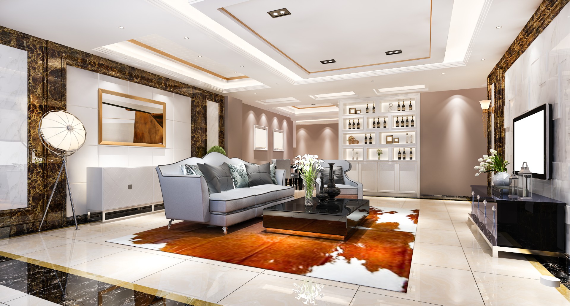 3d rendering modern dining room living room with luxury decor