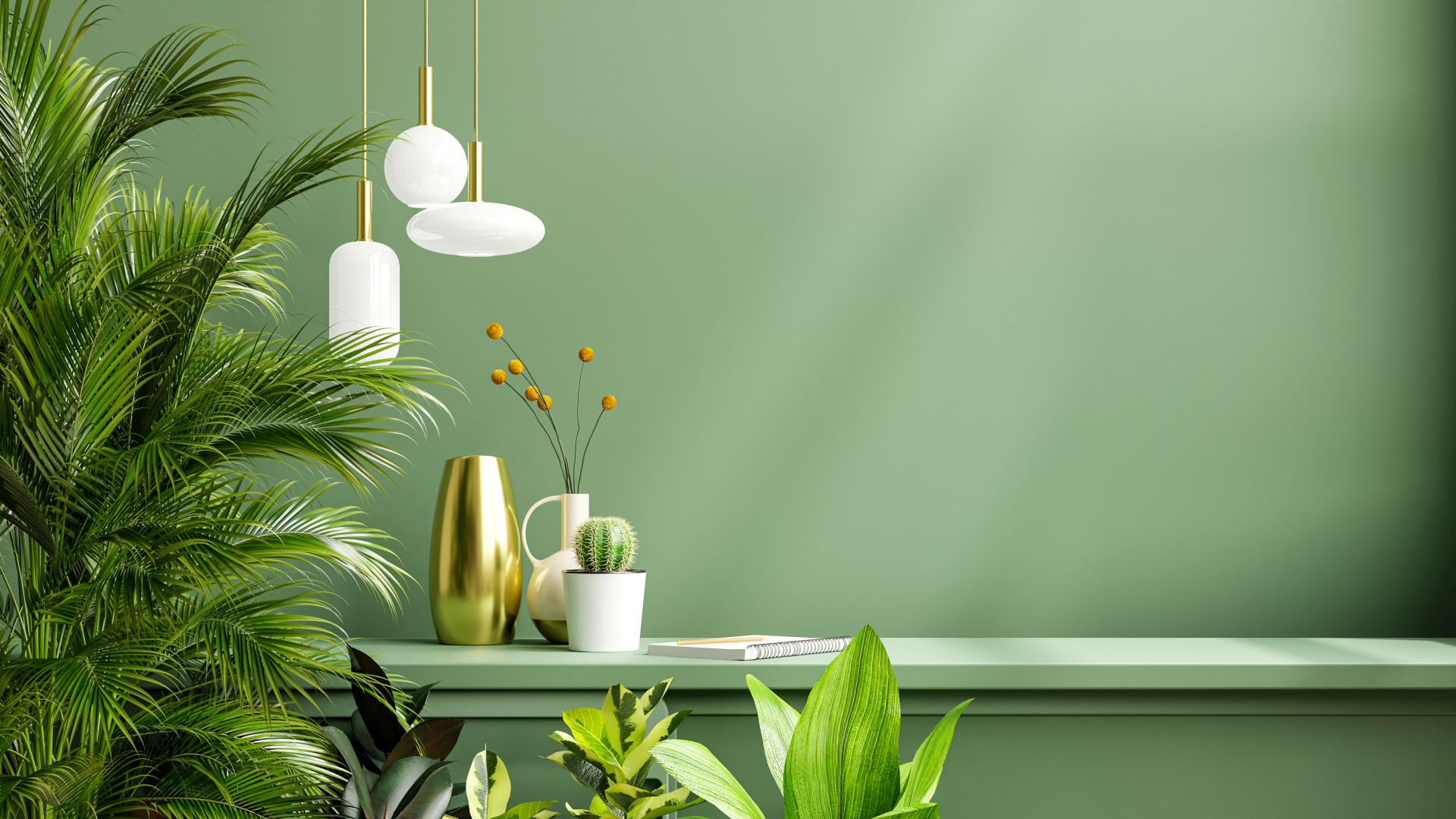 Green wall mockup with green plant shelf 3d rendering
