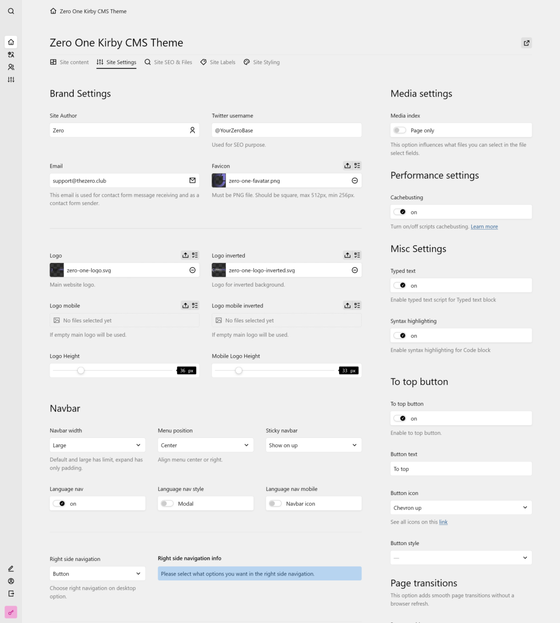 Site Settings panel