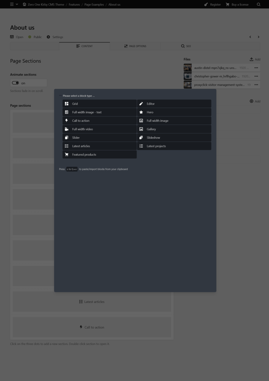 Page Builder blocks panel preview